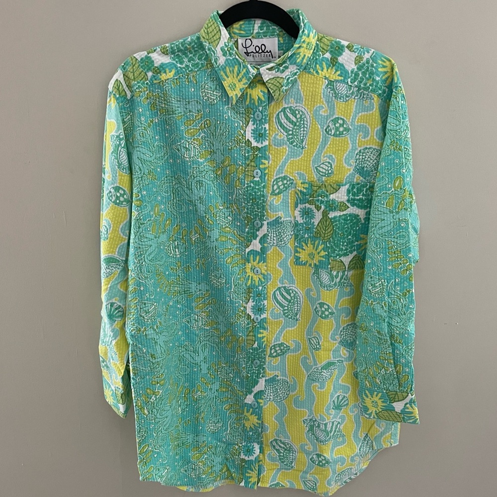 Lilly Pulitzer Vintage Seersucker Patchwork Button Down Shirt Sz S
